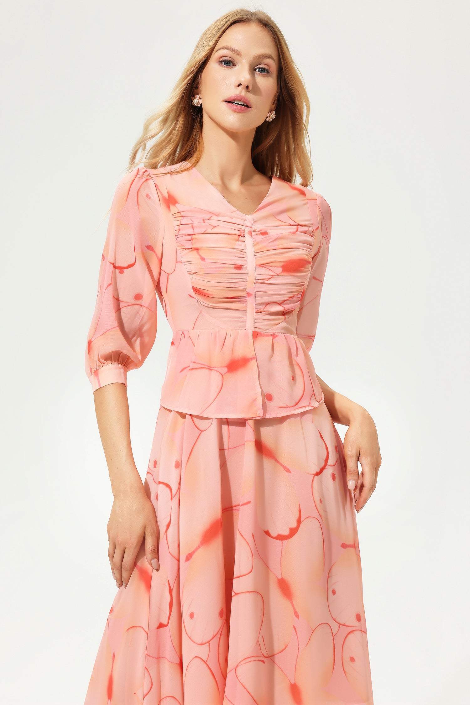 Printed Lantern Sleeve V-Neck Pleated Midi Dress