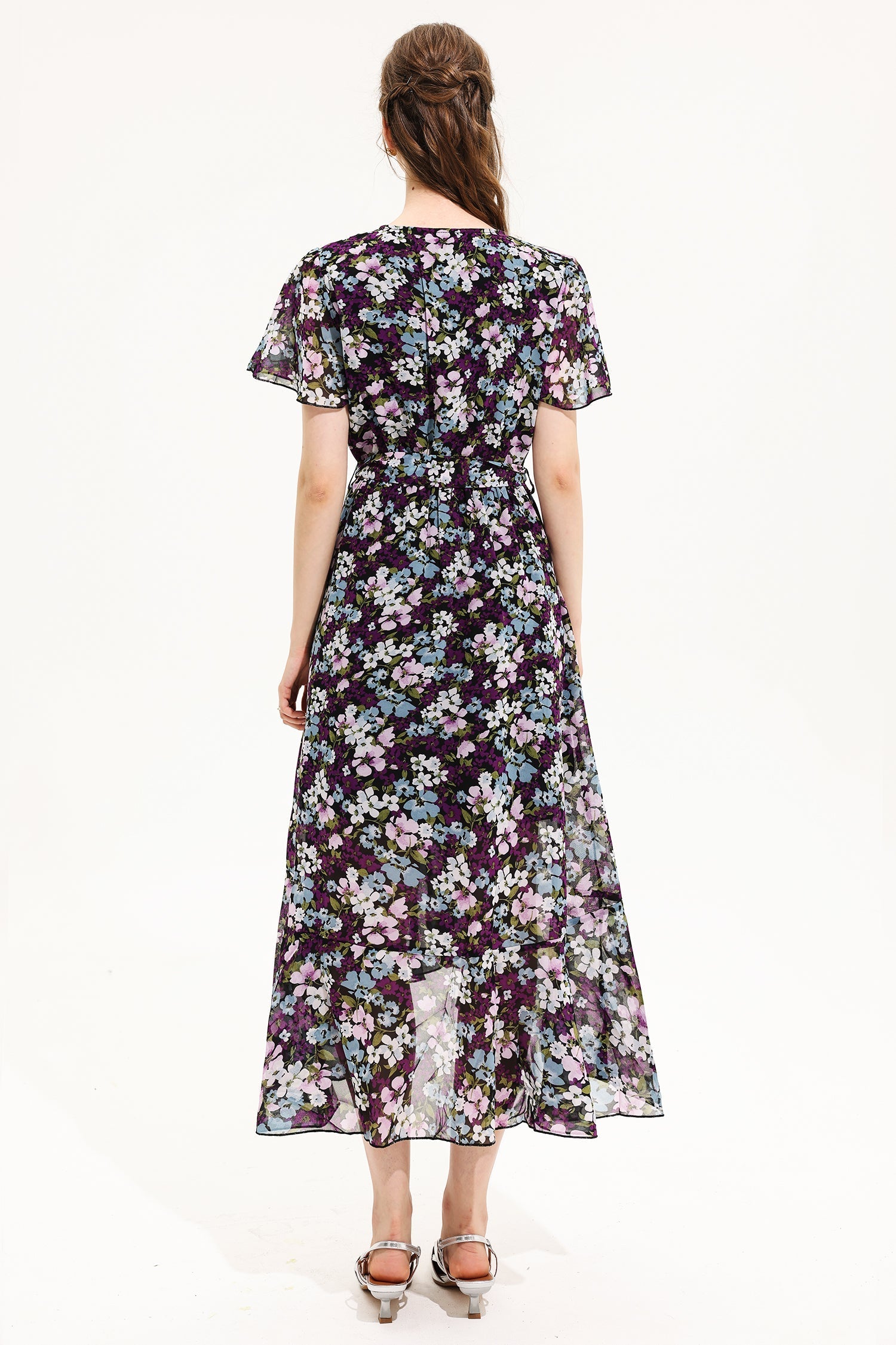 Floral V-Neck Short Sleeve Midi Dress Yellow