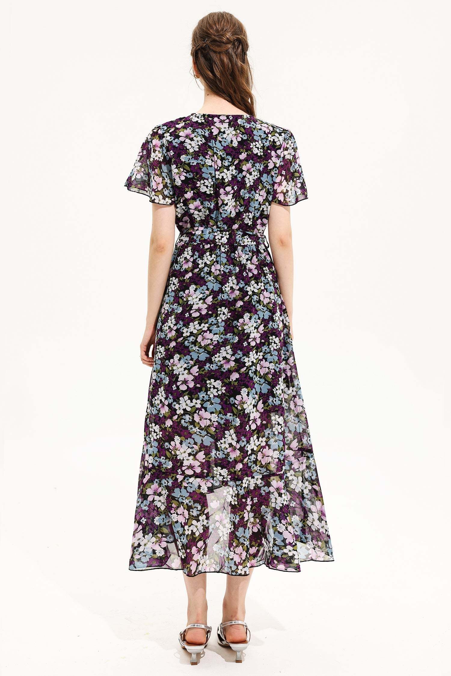 Floral V-Neck Short Sleeve Midi Dress Yellow