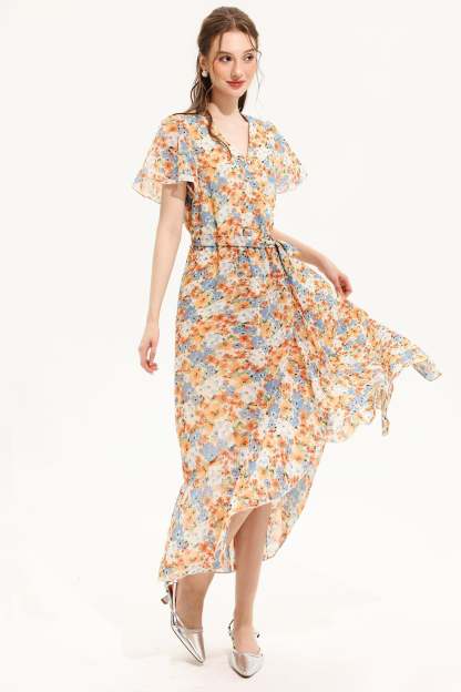 Floral V-Neck Short Sleeve Midi Dress Yellow