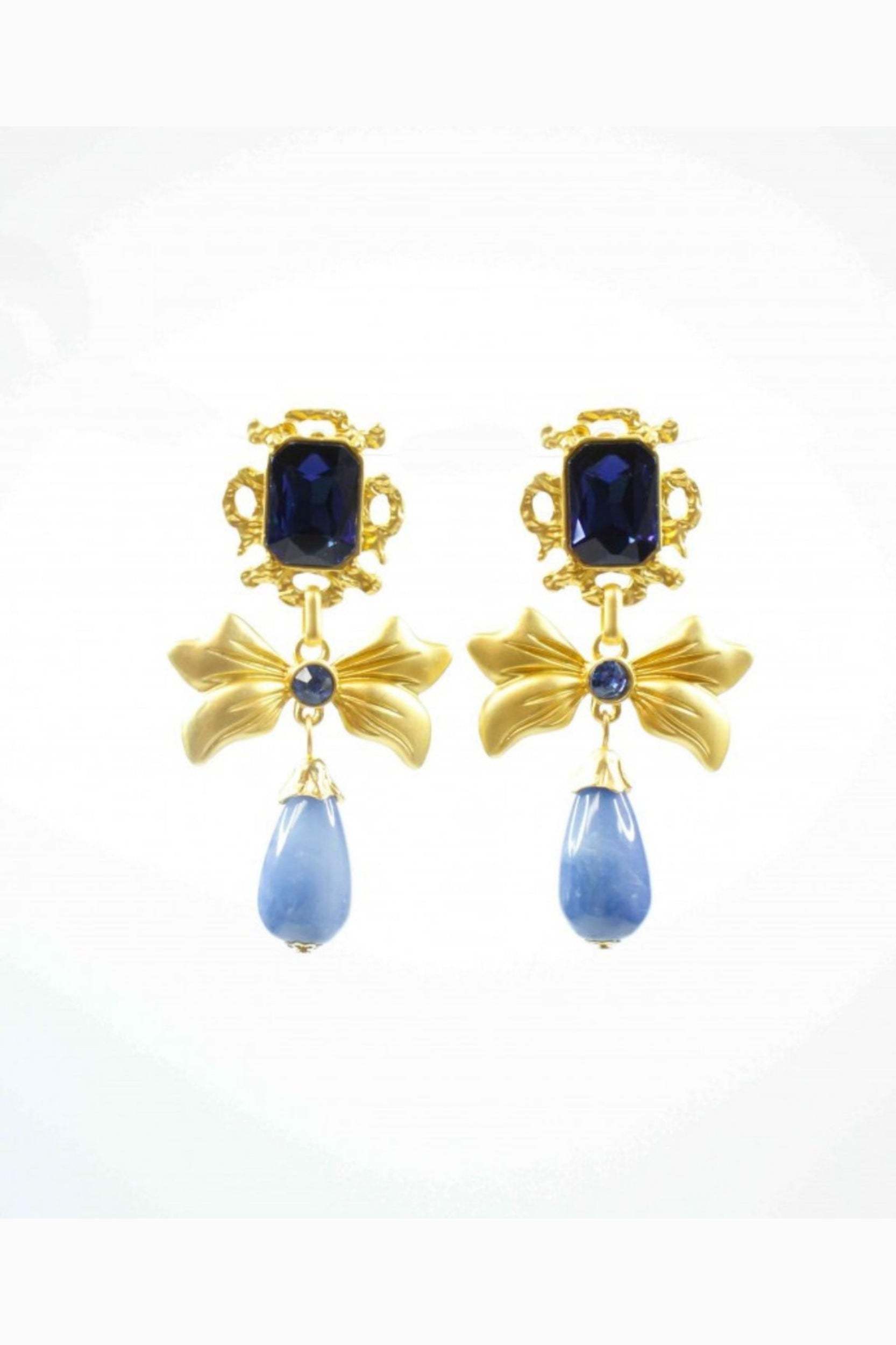 Metal Faux Sapphire Bow Shape Earrings & Necklace