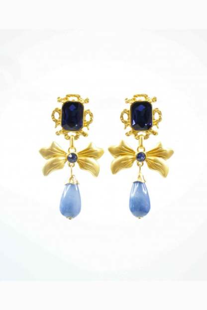 Metal Faux Sapphire Bow Shape Earrings & Necklace