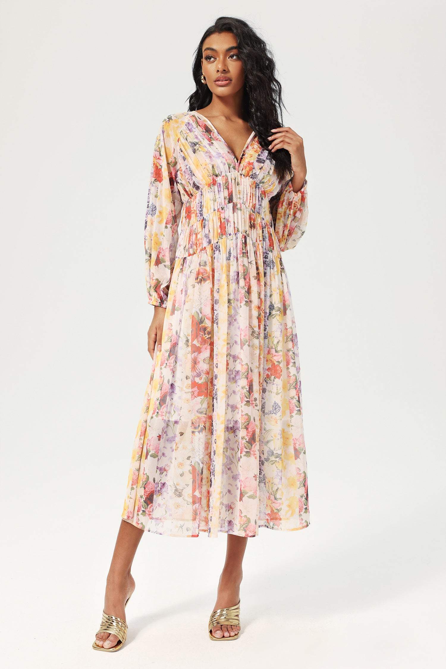 Floral V-Neck Lantern Sleeve Midi Dress