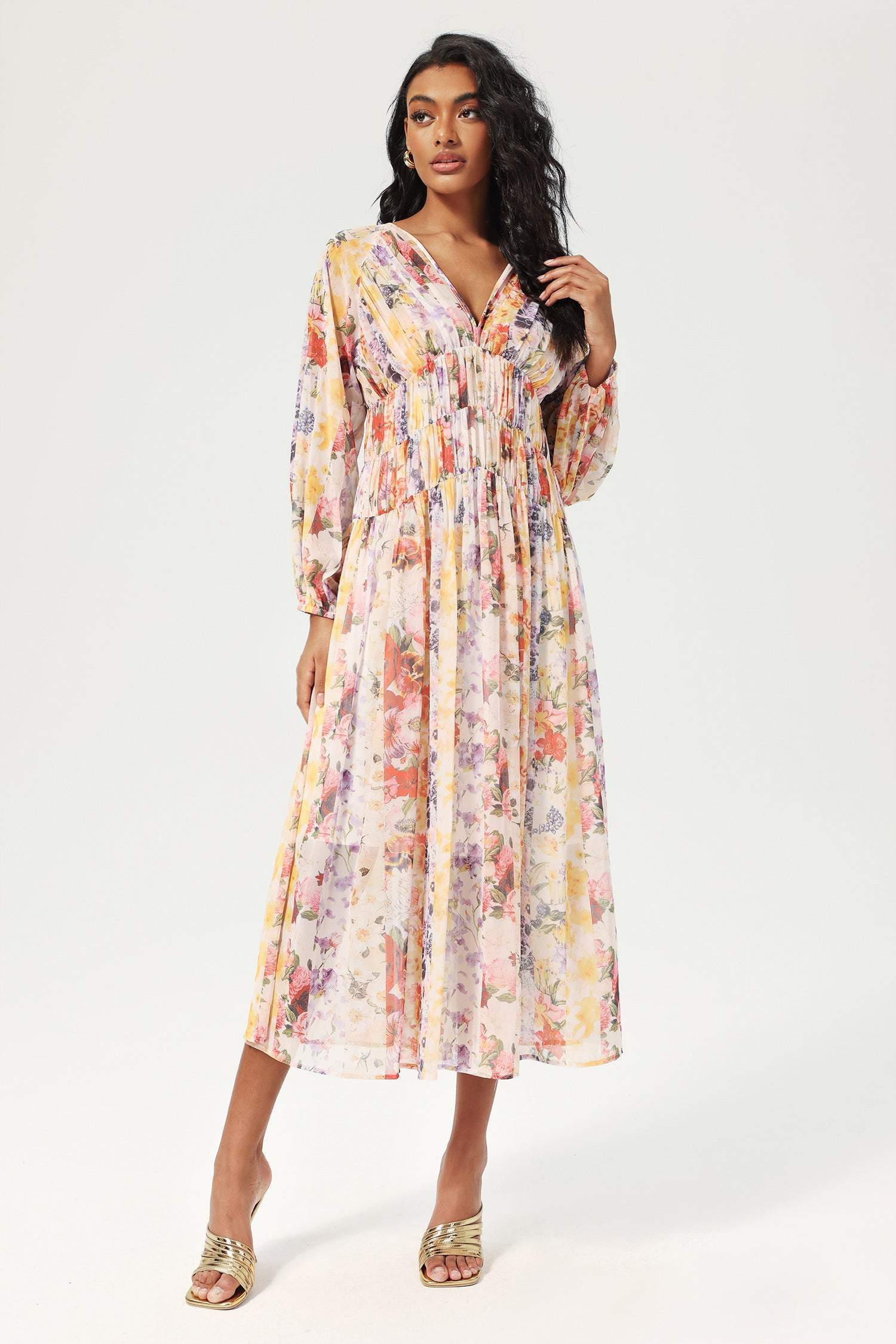 Floral V-Neck Lantern Sleeve Midi Dress