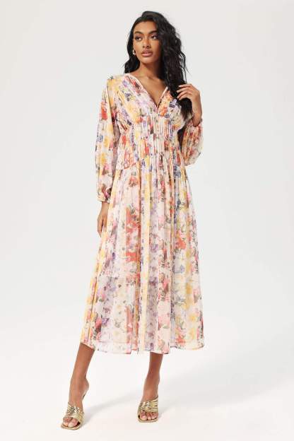 Floral V-Neck Lantern Sleeve Midi Dress