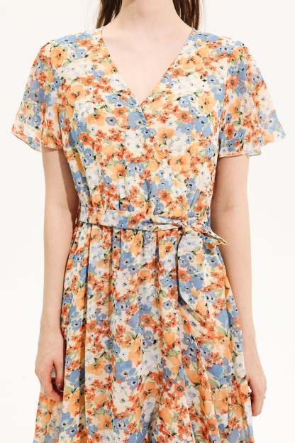 Floral V-Neck Short Sleeve Midi Dress Yellow