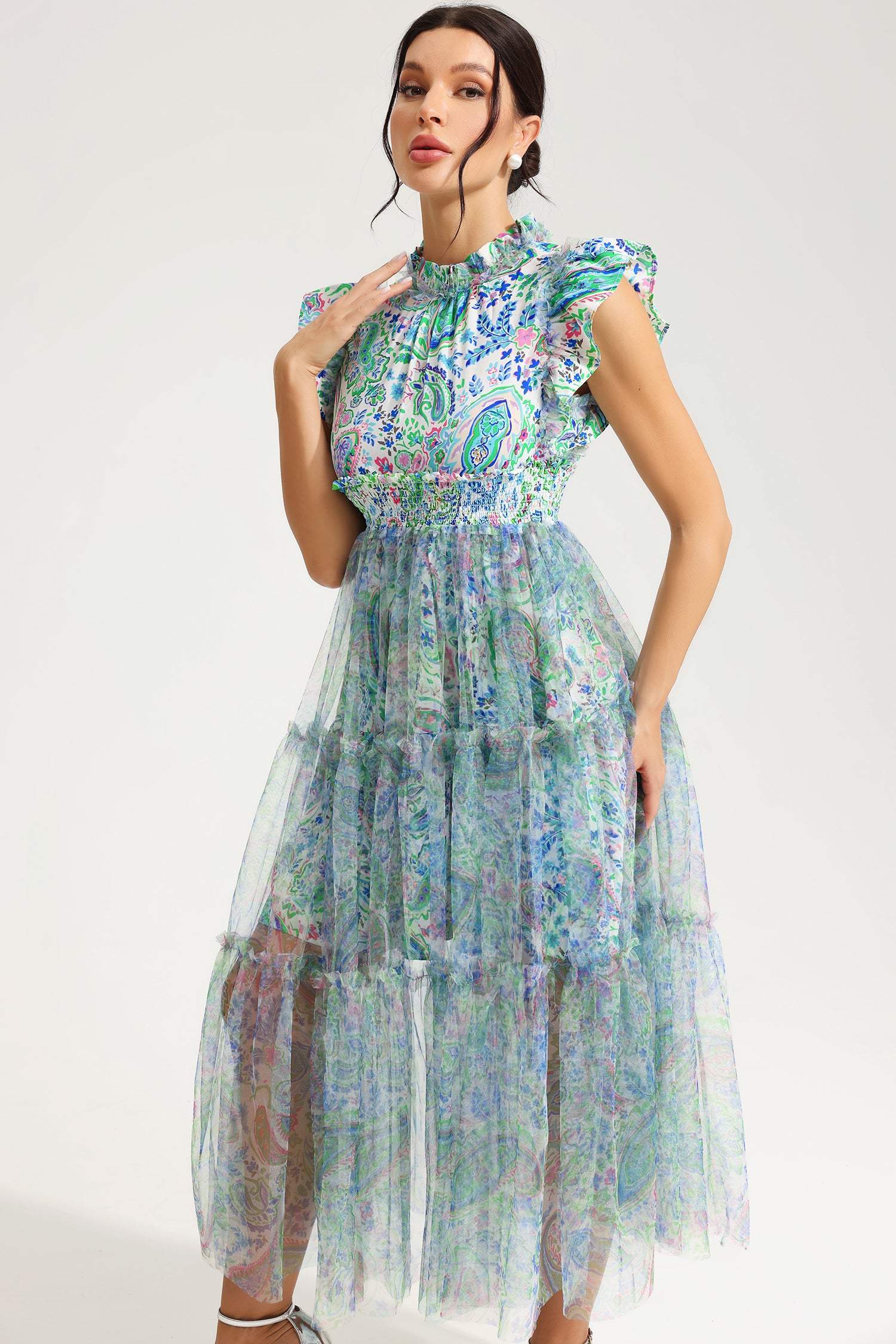 Floral Flutter Sleeve Crew Collar Tapered Waist Midi Dress Green