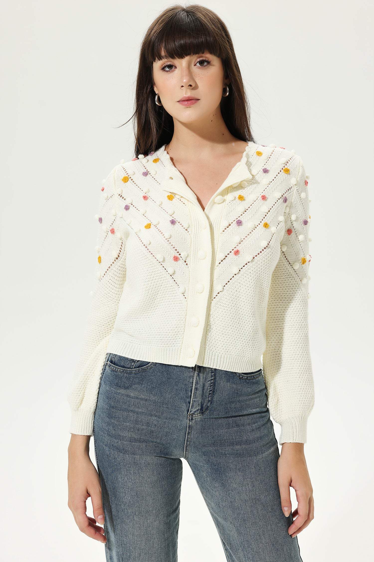 Long Sleeve Crew Collar Knit Cardigan Beige