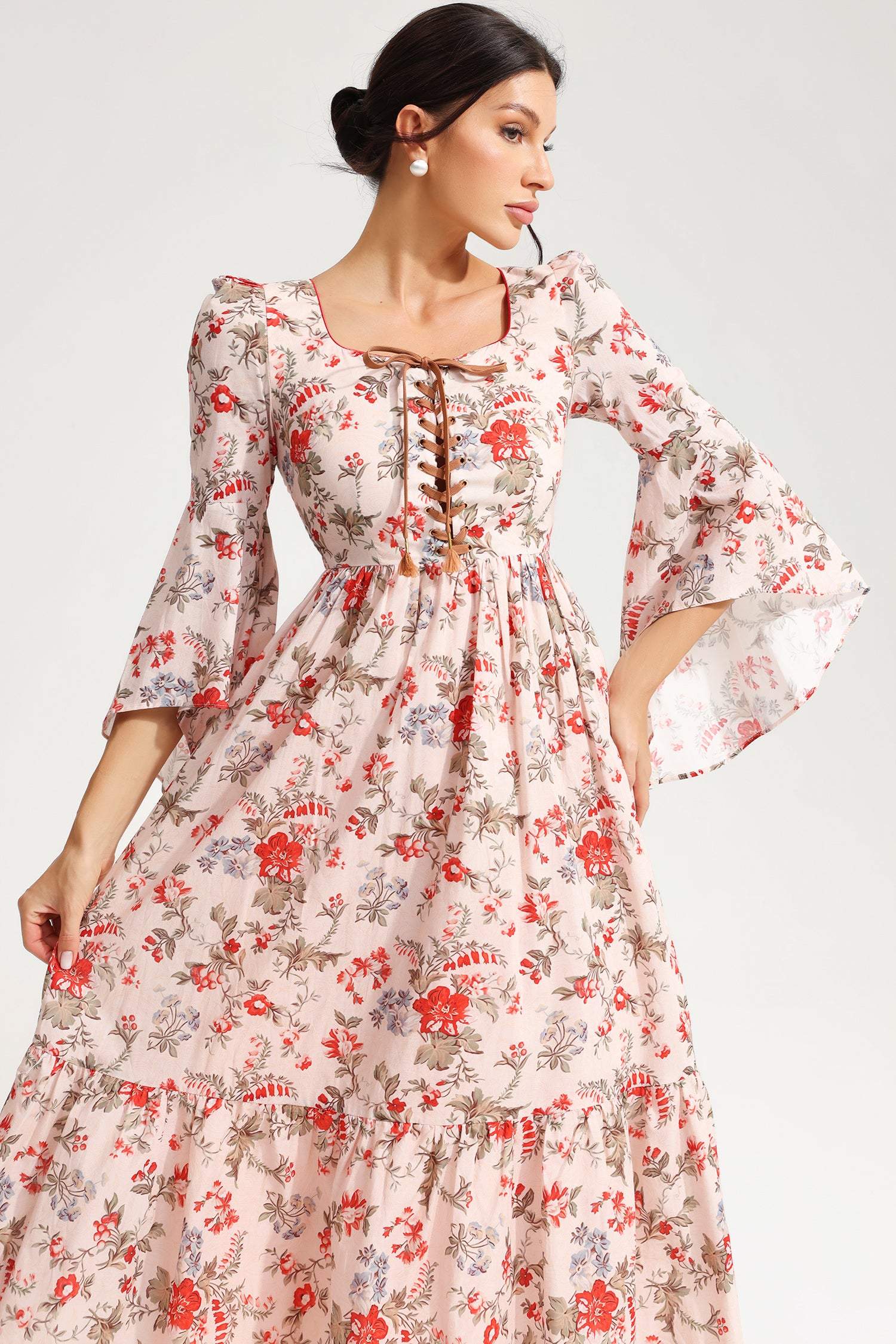Floral Square Collar Flared Sleeve Laced Chest Trim Midi Dress