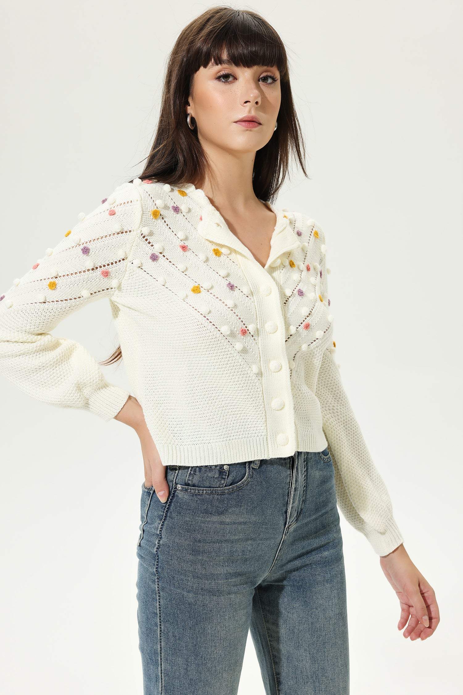 Long Sleeve Crew Collar Knit Cardigan Beige