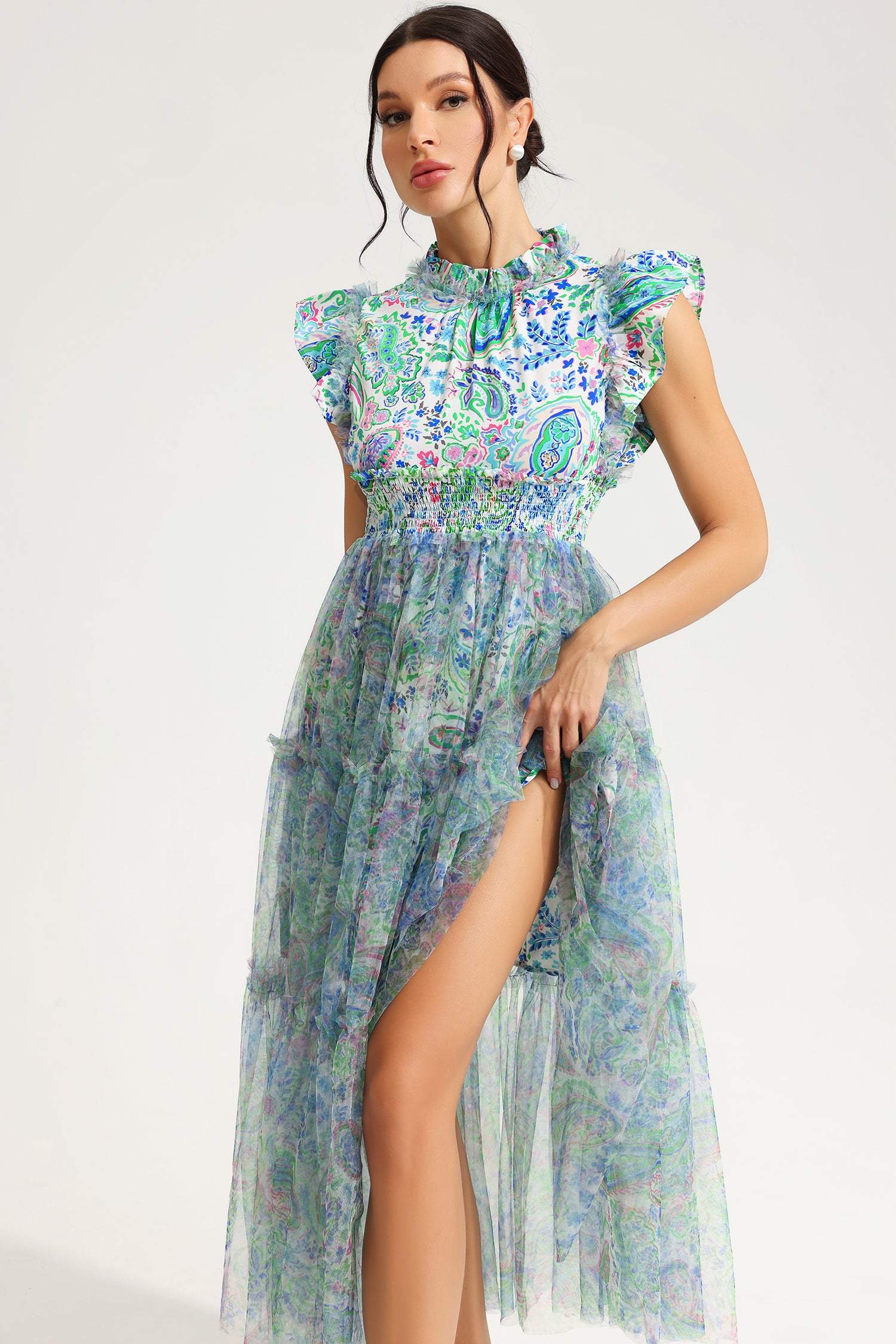Floral Flutter Sleeve Crew Collar Tapered Waist Midi Dress Green