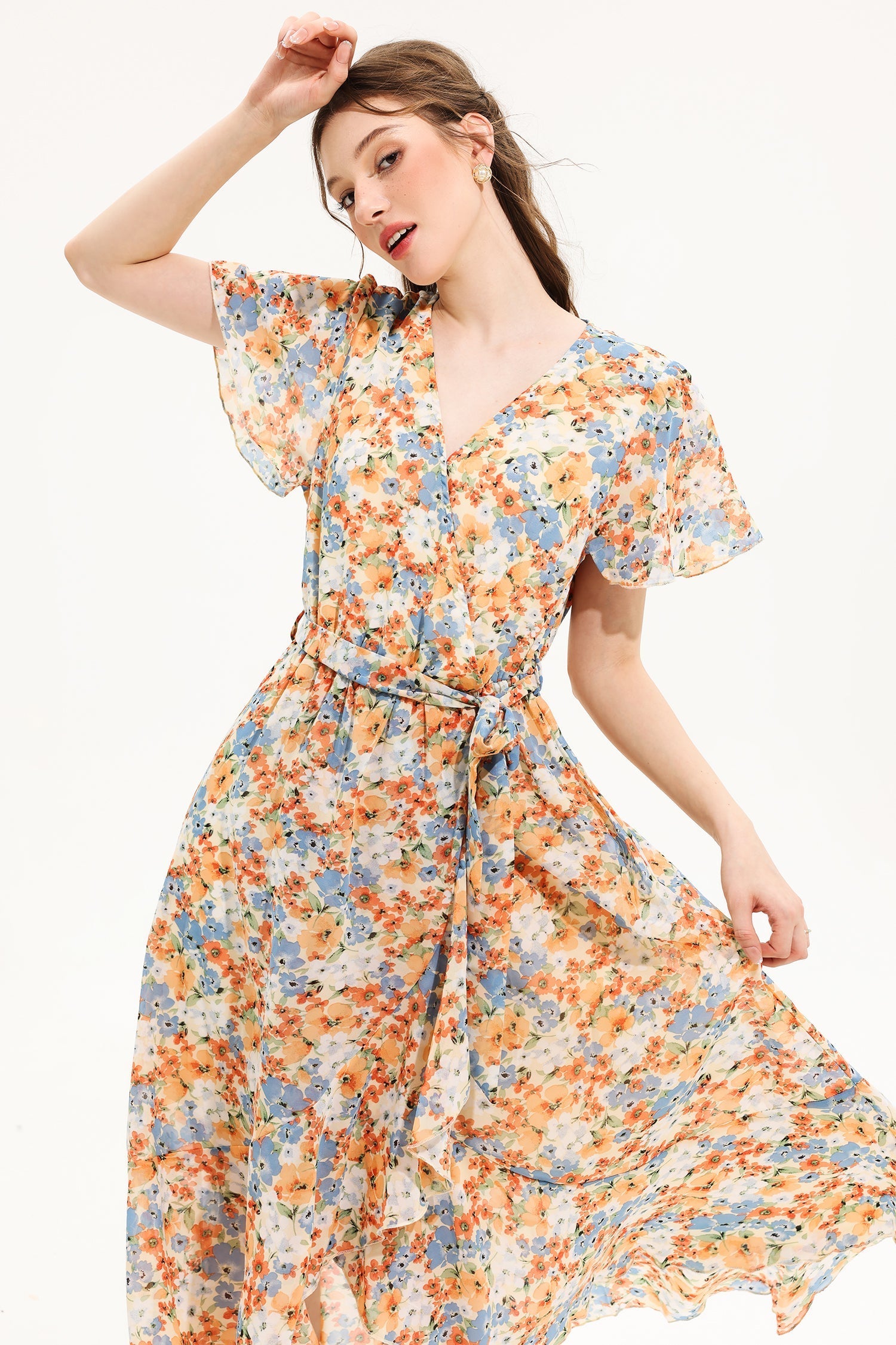 Floral V-Neck Short Sleeve Midi Dress Yellow