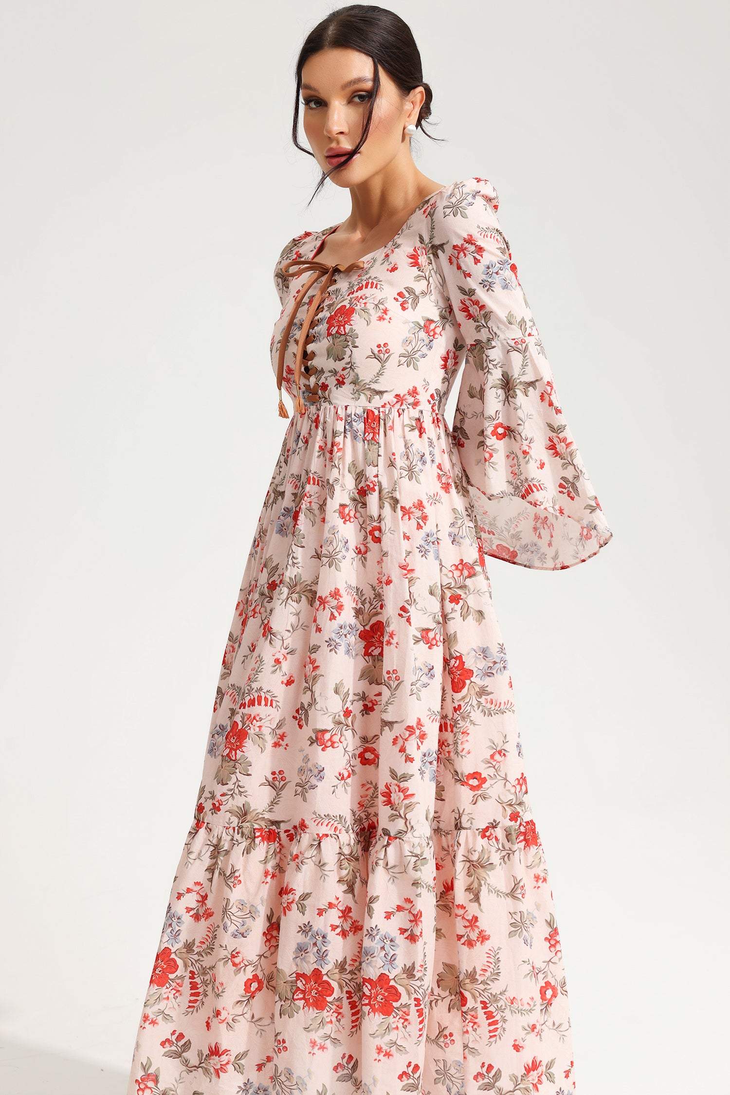 Floral Square Collar Flared Sleeve Laced Chest Trim Midi Dress