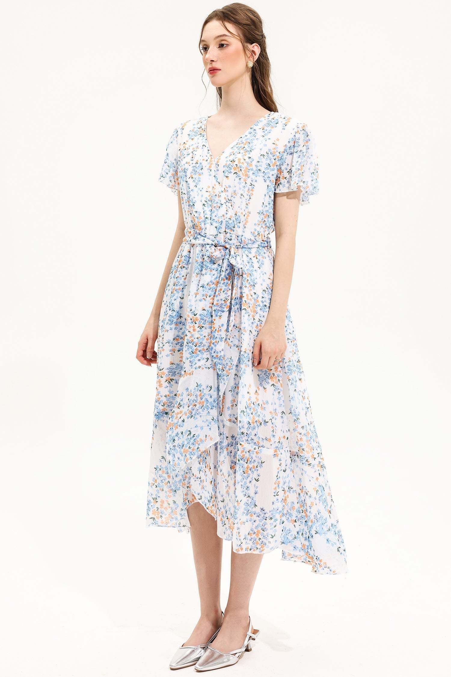 Floral V-Neck Short Sleeve Midi Dress Yellow