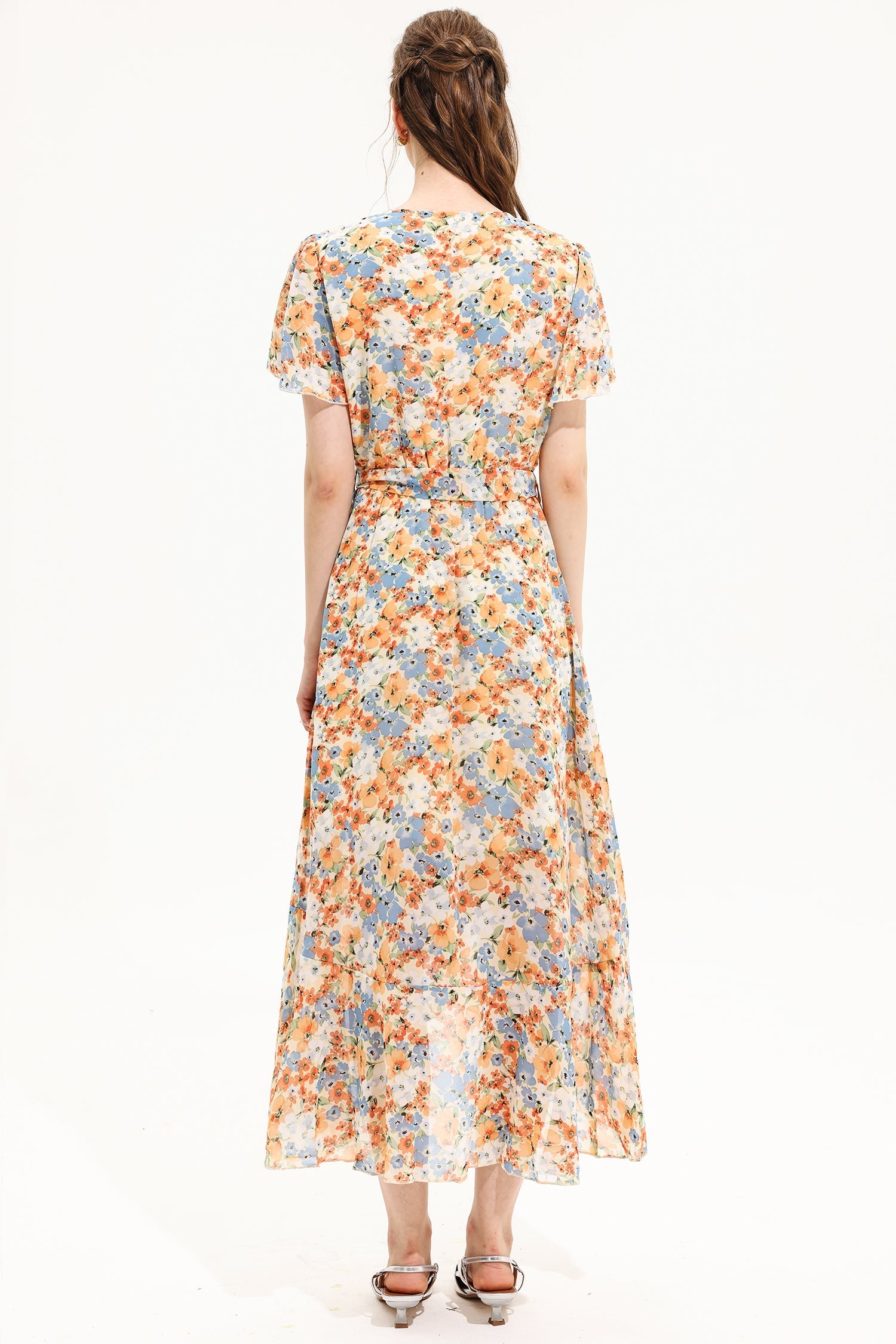 Floral V-Neck Short Sleeve Midi Dress Yellow