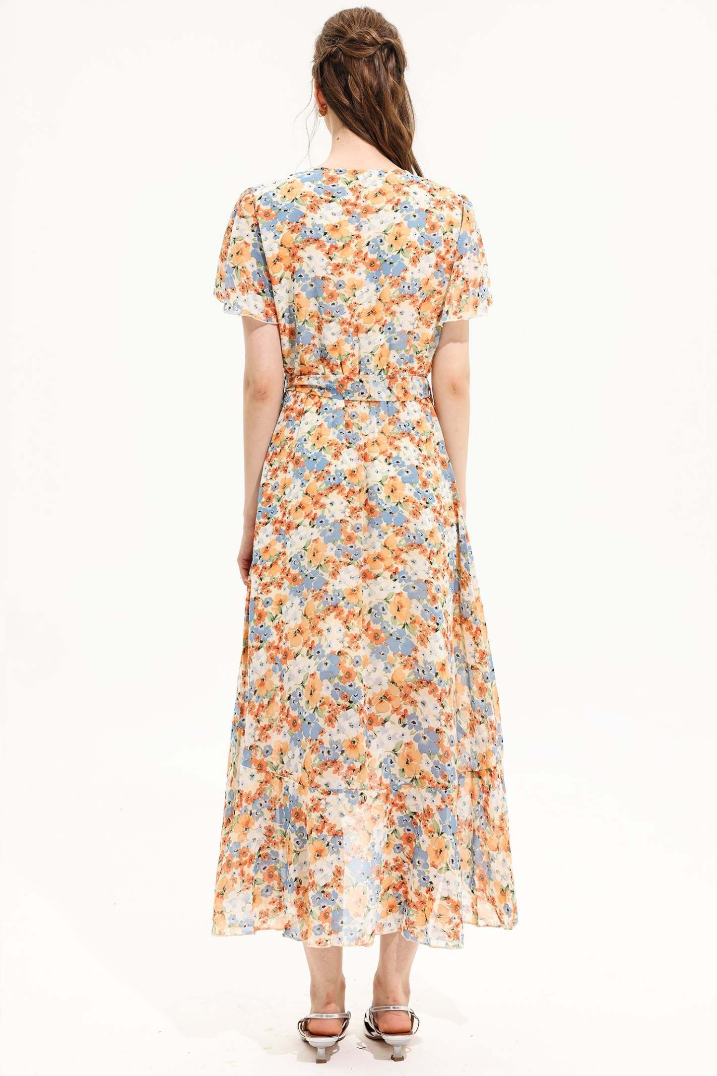 Floral V-Neck Short Sleeve Midi Dress Yellow