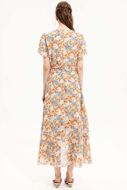 Floral V-Neck Short Sleeve Midi Dress Yellow