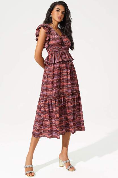 Layered Ruffle Sleeves V-Neck Midi Dress