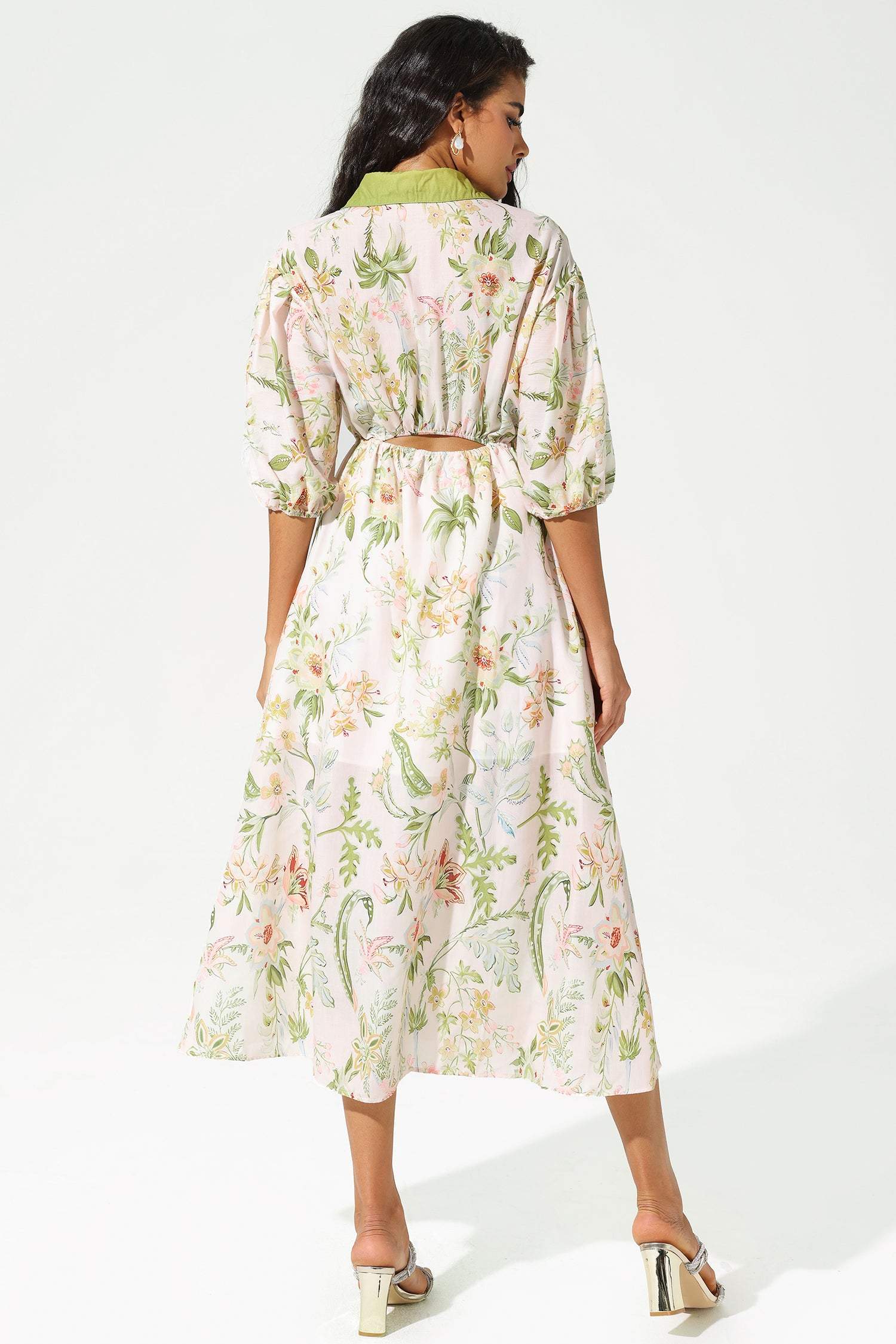 Floral Mid Sleeve Lapel Lace Up Midi Dress