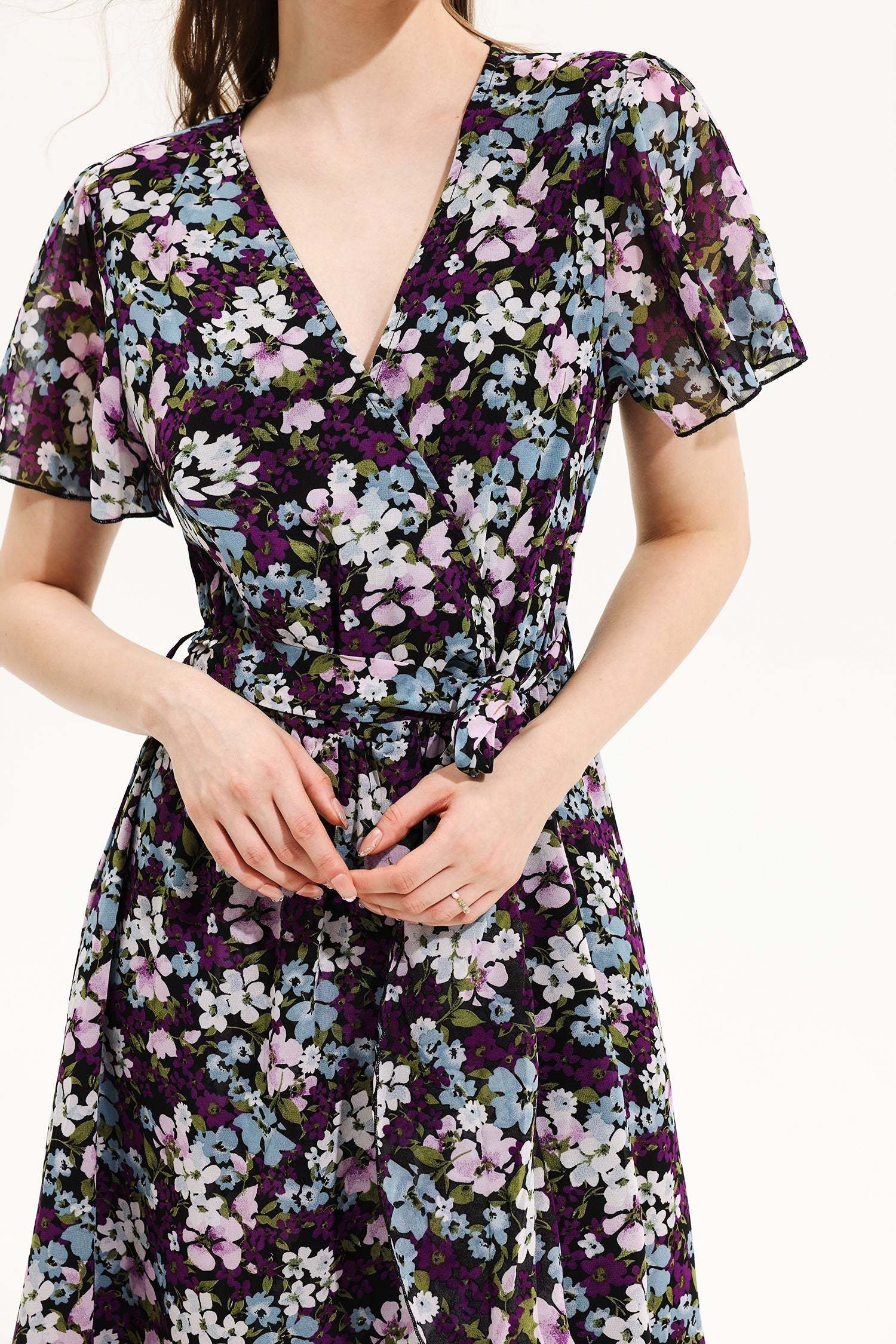 Floral V-Neck Short Sleeve Midi Dress Yellow