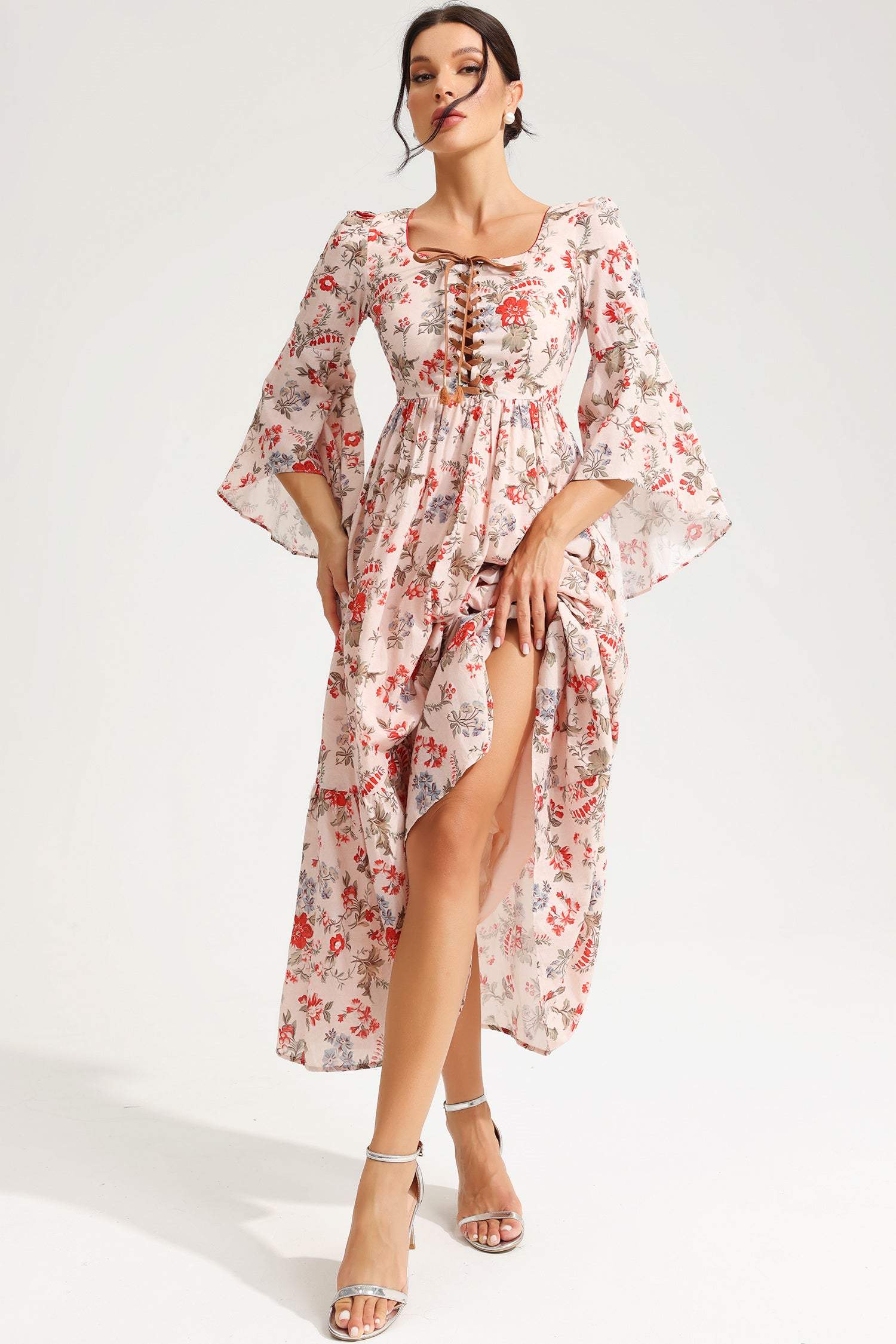 Floral Square Collar Flared Sleeve Laced Chest Trim Midi Dress