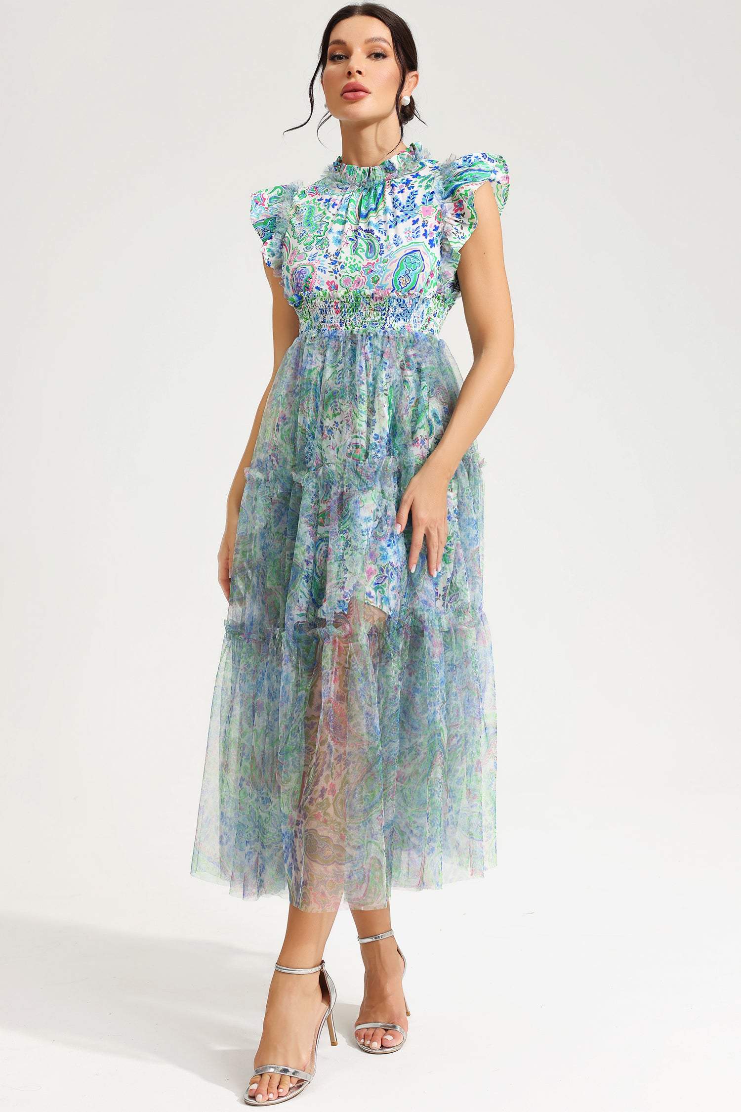 Floral Flutter Sleeve Crew Collar Tapered Waist Midi Dress Green