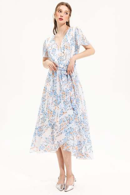 Floral V-Neck Short Sleeve Midi Dress Yellow