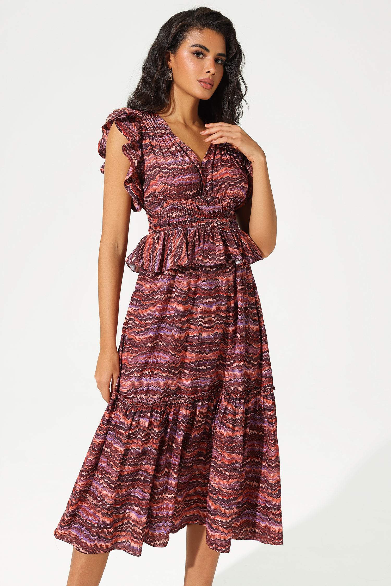 Layered Ruffle Sleeves V-Neck Midi Dress