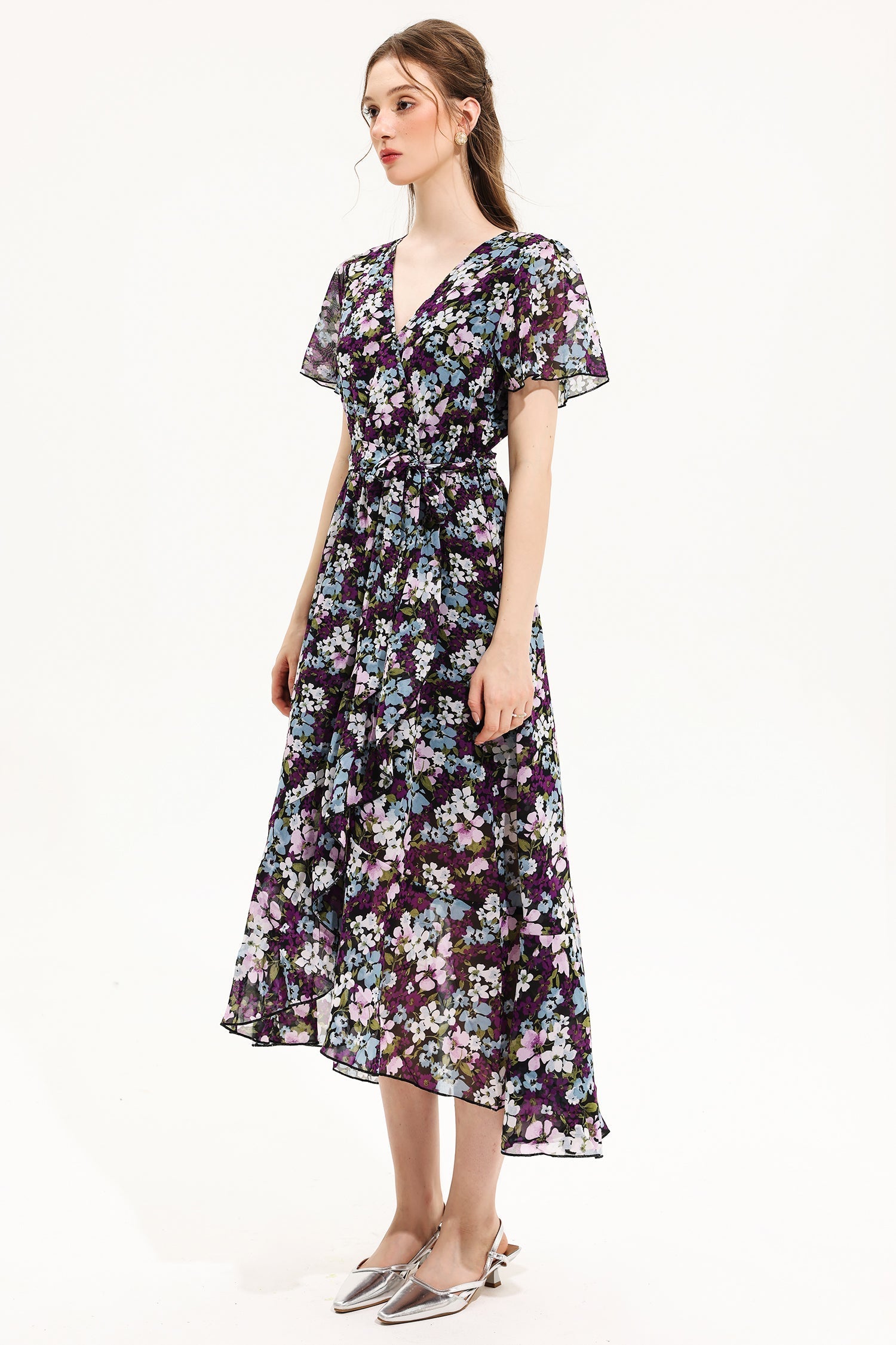 Floral V-Neck Short Sleeve Midi Dress Yellow