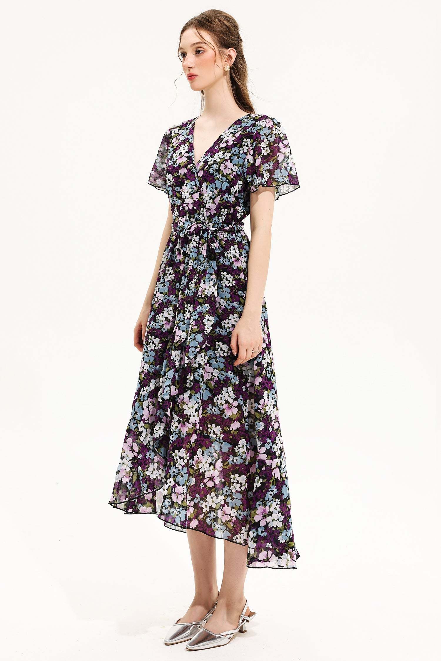 Floral V-Neck Short Sleeve Midi Dress Yellow