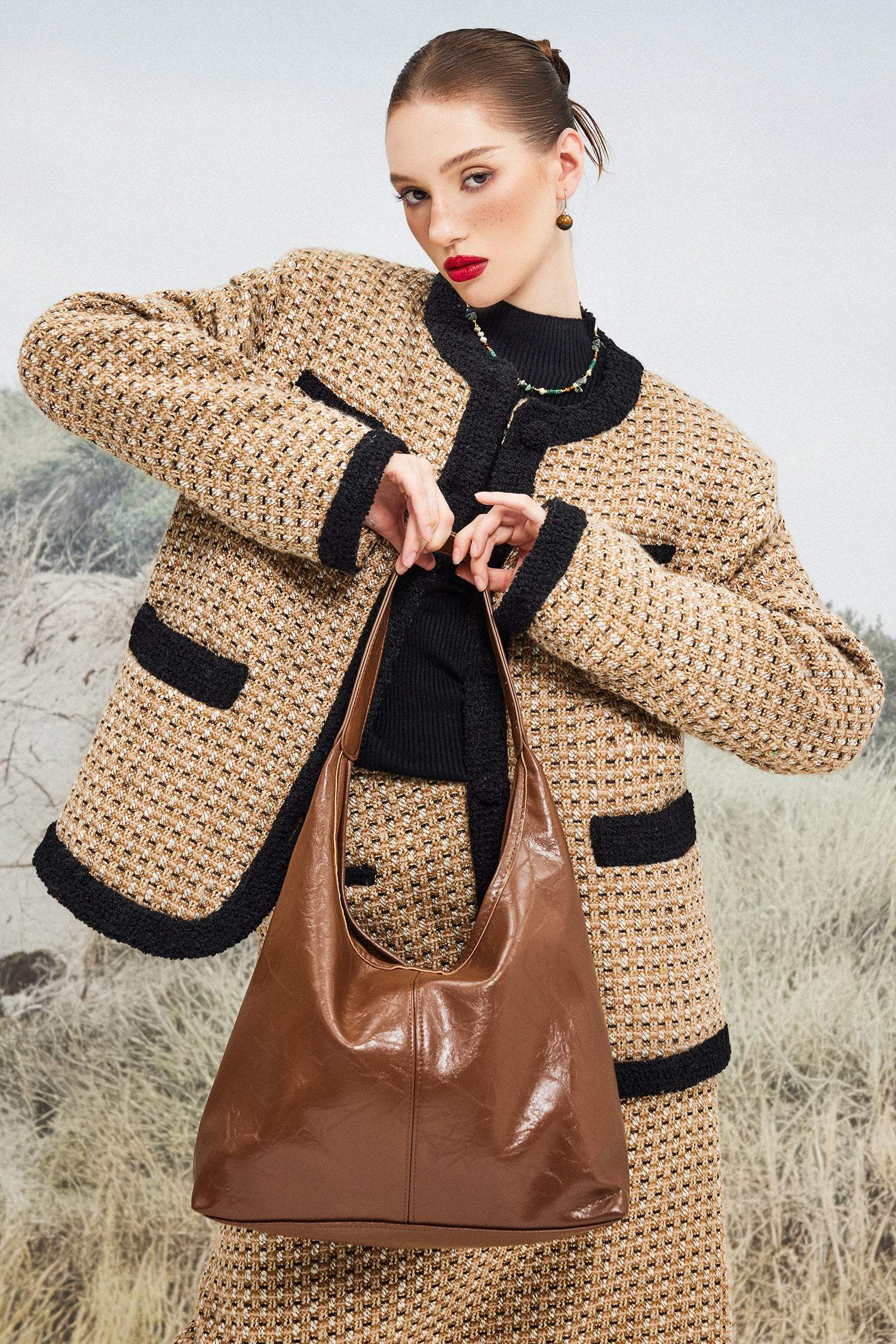 Solid Faux Leather Large Capacity Tote Shopper Bag Brown