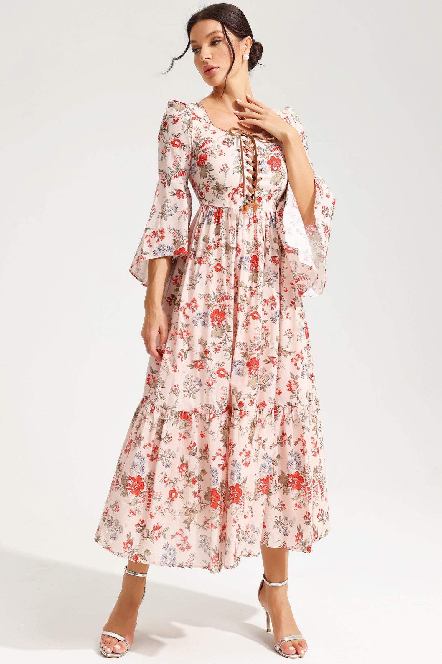 Floral Square Collar Flared Sleeve Laced Chest Trim Midi Dress