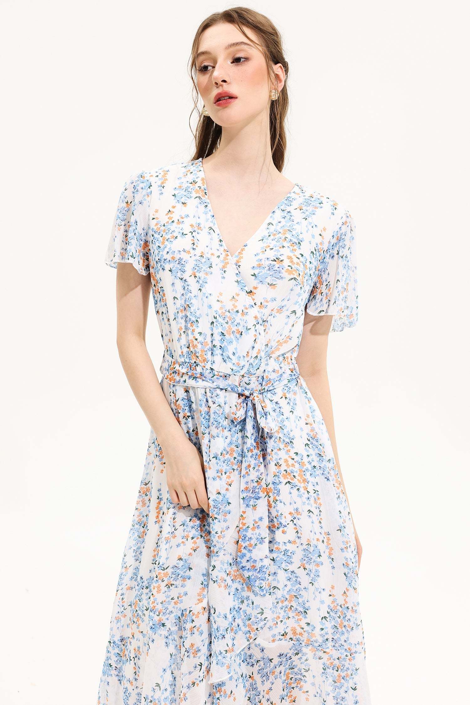 Floral V-Neck Short Sleeve Midi Dress Yellow