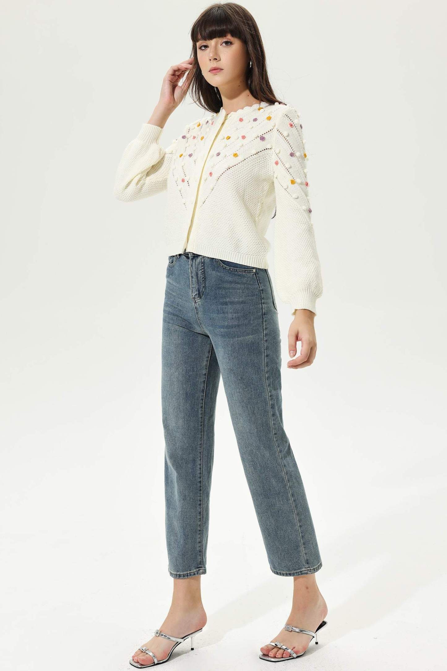 Long Sleeve Crew Collar Knit Cardigan Beige