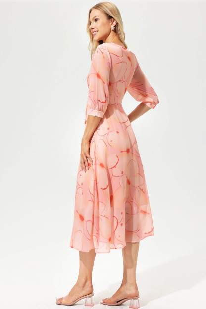 Printed Lantern Sleeve V-Neck Pleated Midi Dress