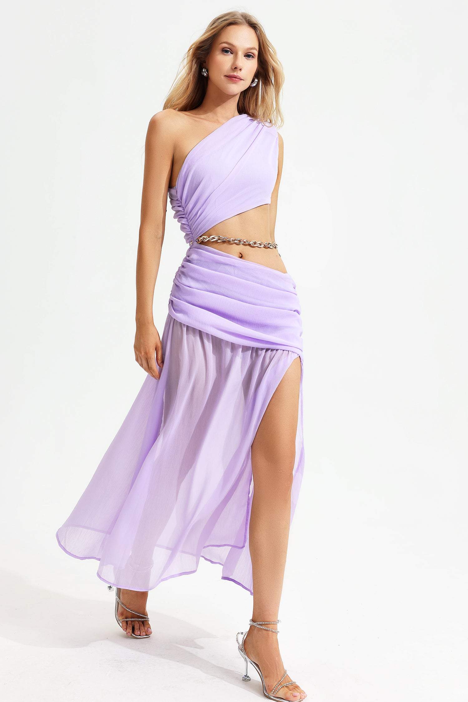 One Shoulder Sleeveless Slit Ruched Midi Dress