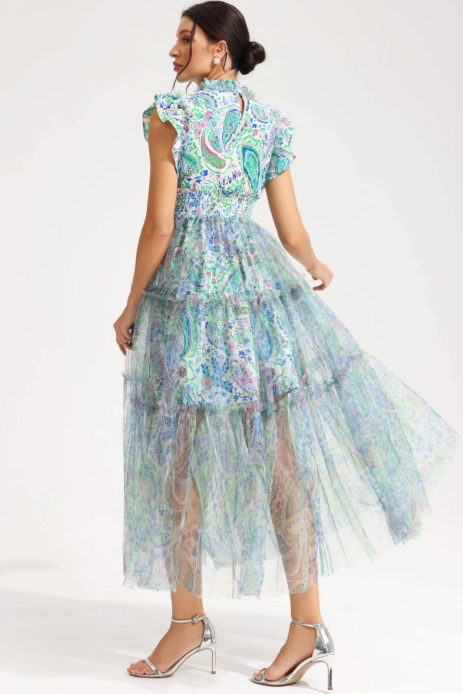 Floral Flutter Sleeve Crew Collar Tapered Waist Midi Dress Green