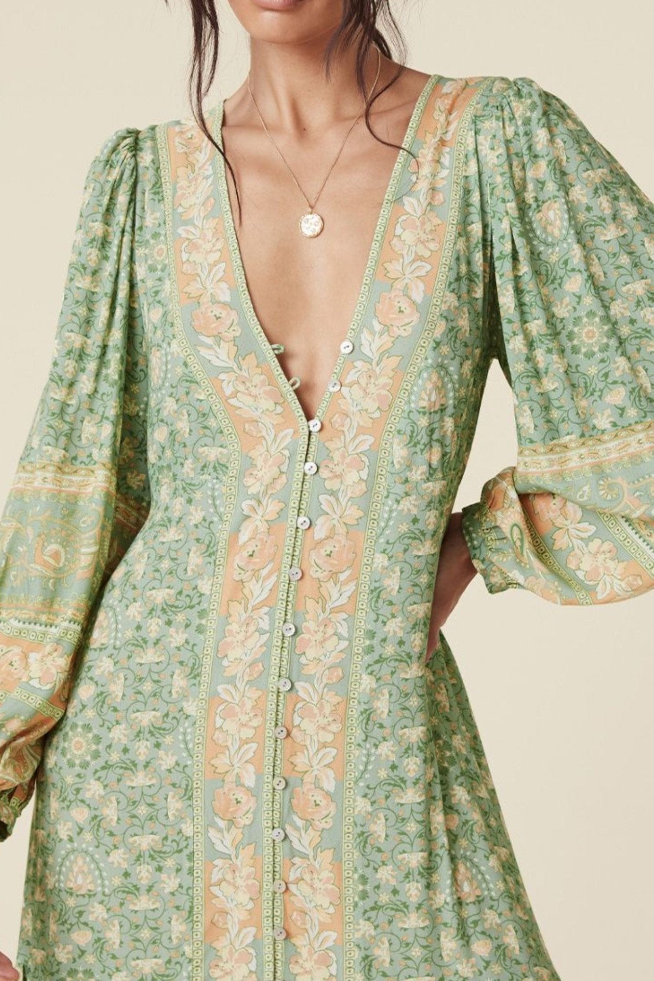 Floral Puff Long Sleeve V-Neck Drapped Midi Dress Green