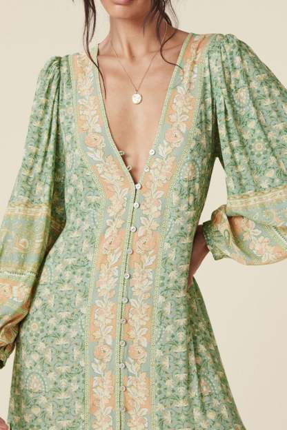 Floral Puff Long Sleeve V-Neck Drapped Midi Dress Green