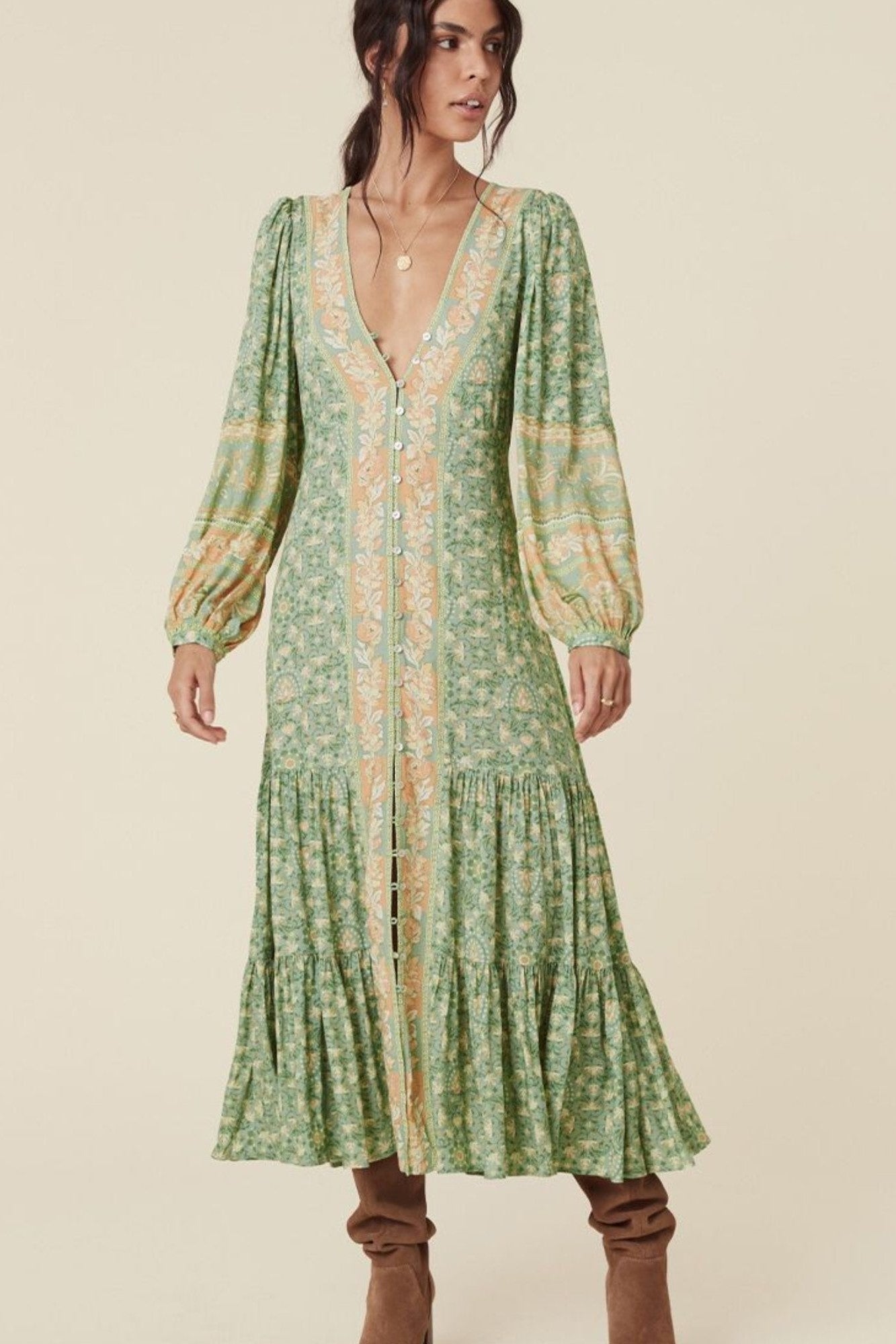 Floral Puff Long Sleeve V-Neck Drapped Midi Dress Green