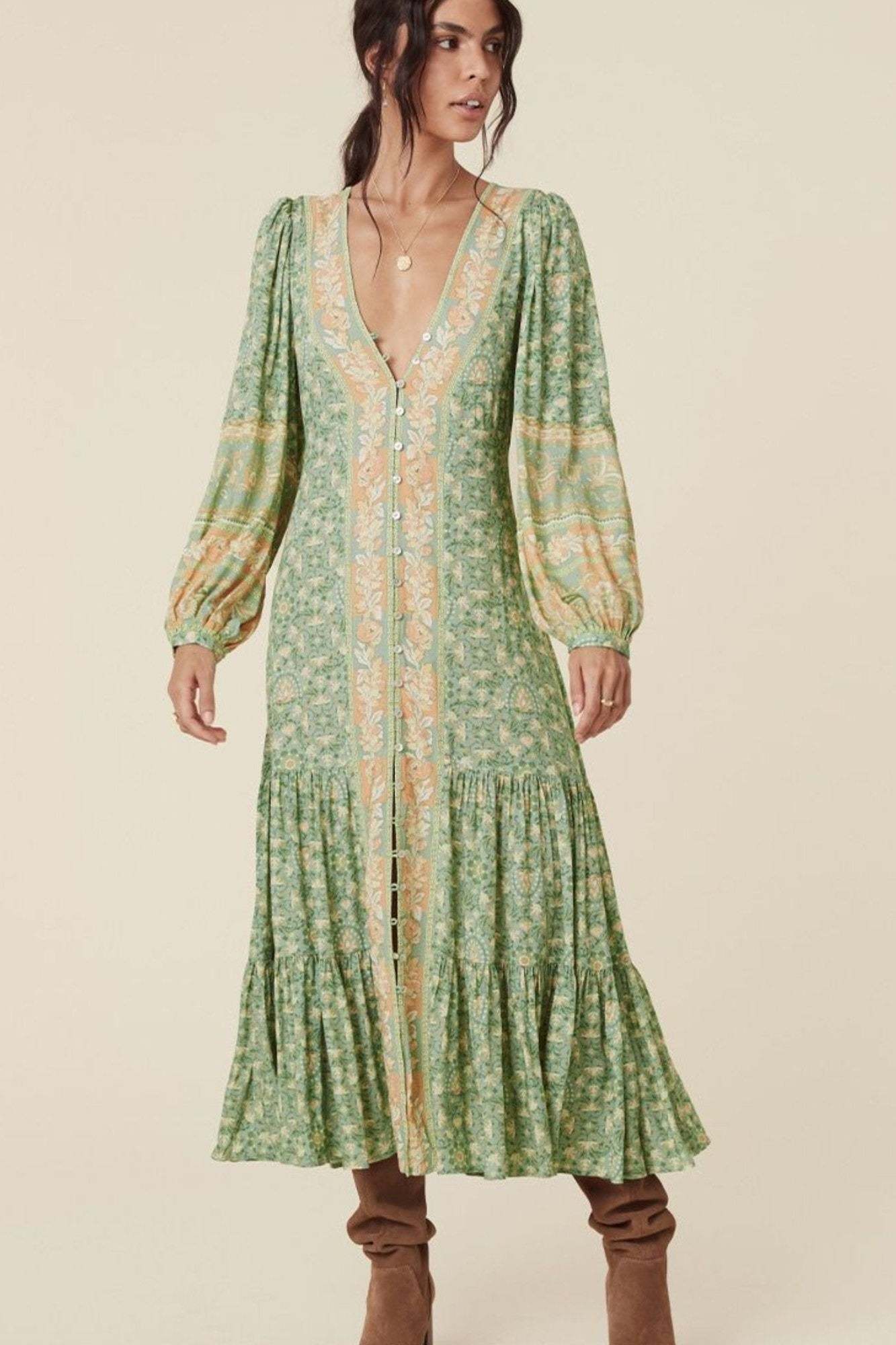 Floral Puff Long Sleeve V-Neck Drapped Midi Dress Green