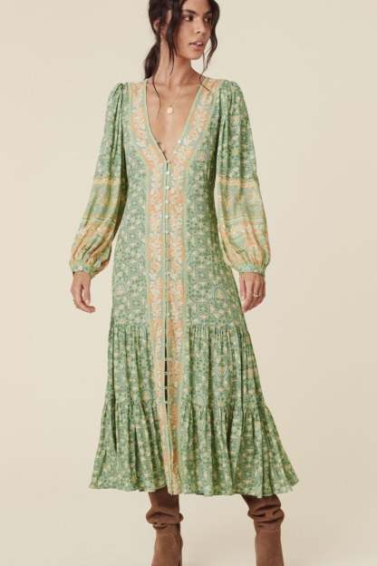 Floral Puff Long Sleeve V-Neck Drapped Midi Dress Green
