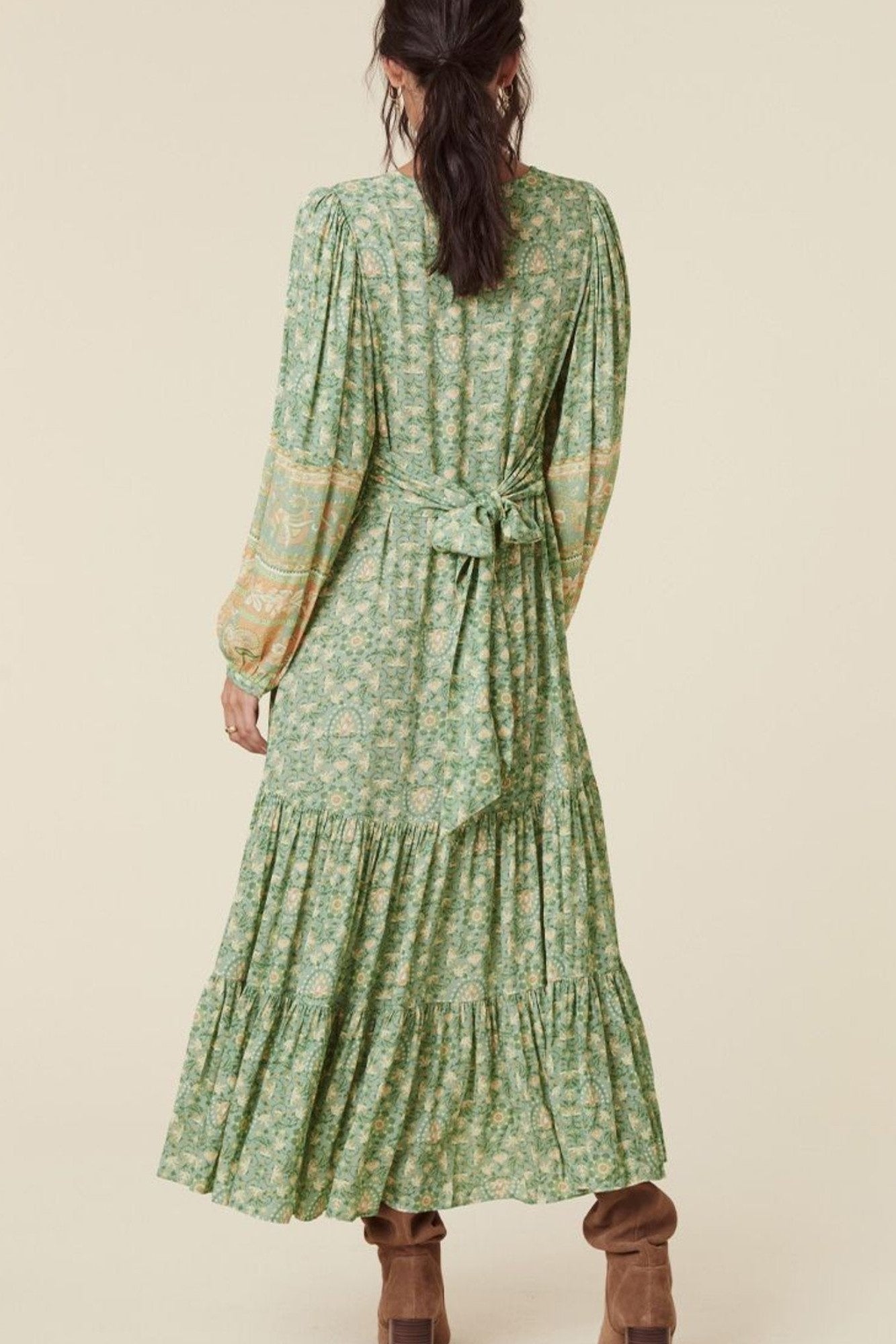 Floral Puff Long Sleeve V-Neck Drapped Midi Dress Green