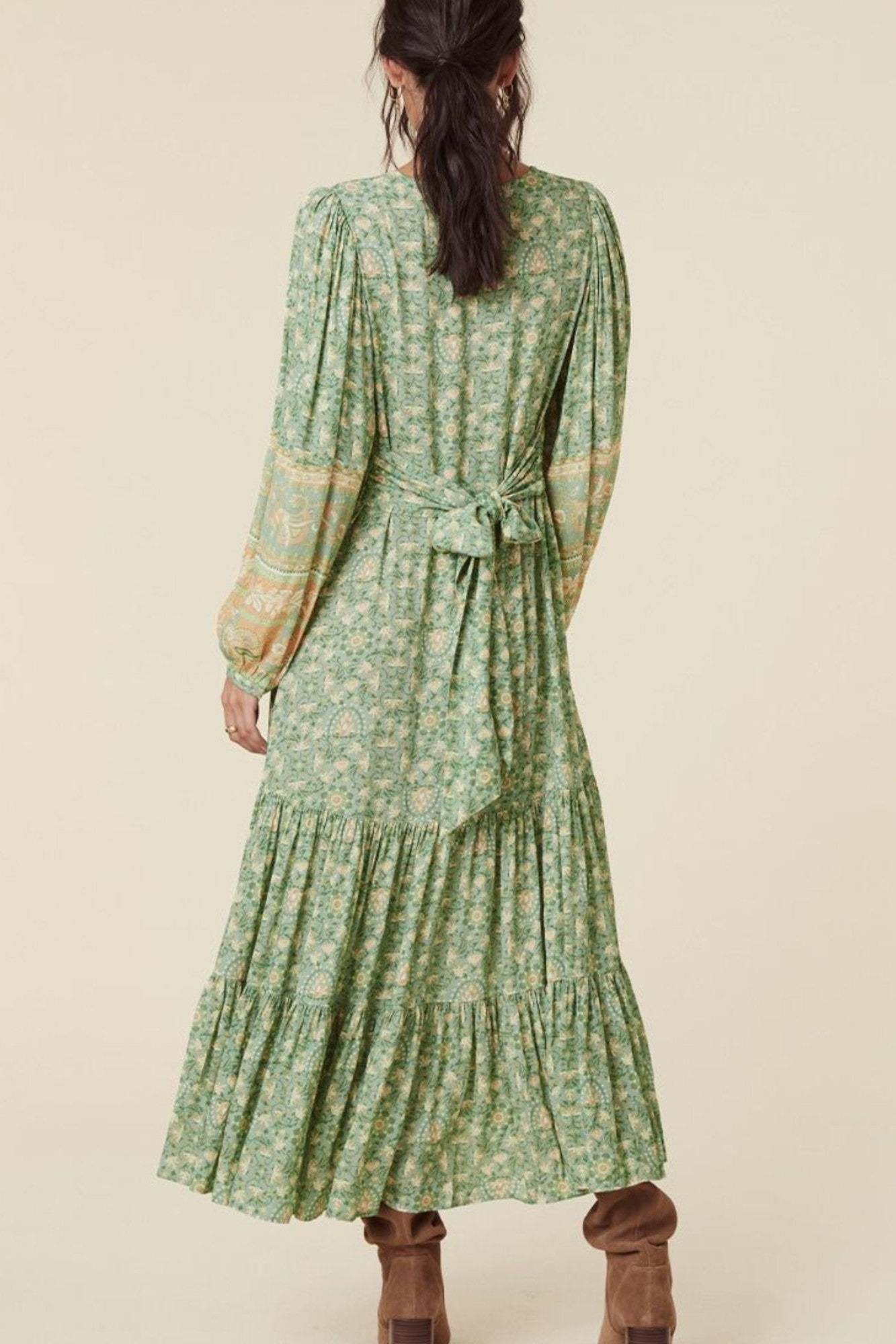 Floral Puff Long Sleeve V-Neck Drapped Midi Dress Green