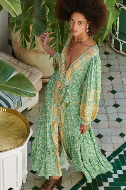 Floral Puff Long Sleeve V-Neck Drapped Midi Dress Green