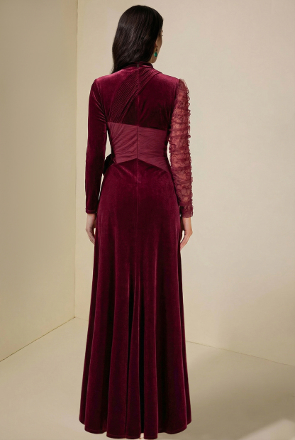 Velvet 3D Flower Ruched Maxi Dress