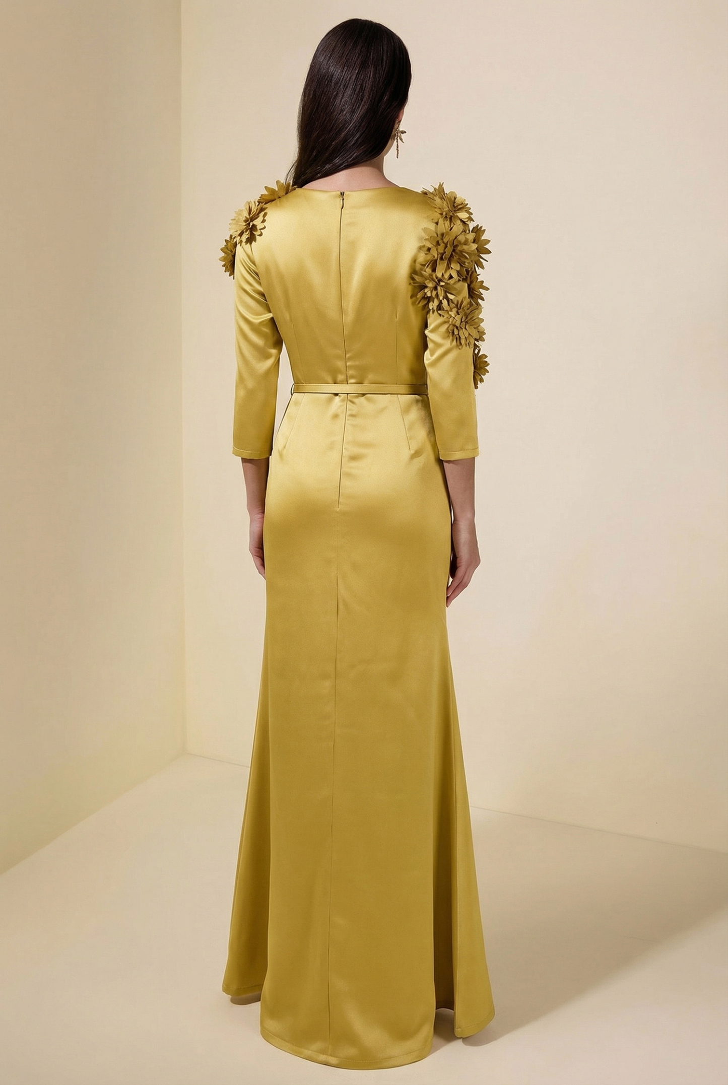 3D Flower Satin Maxi Dress With Belt