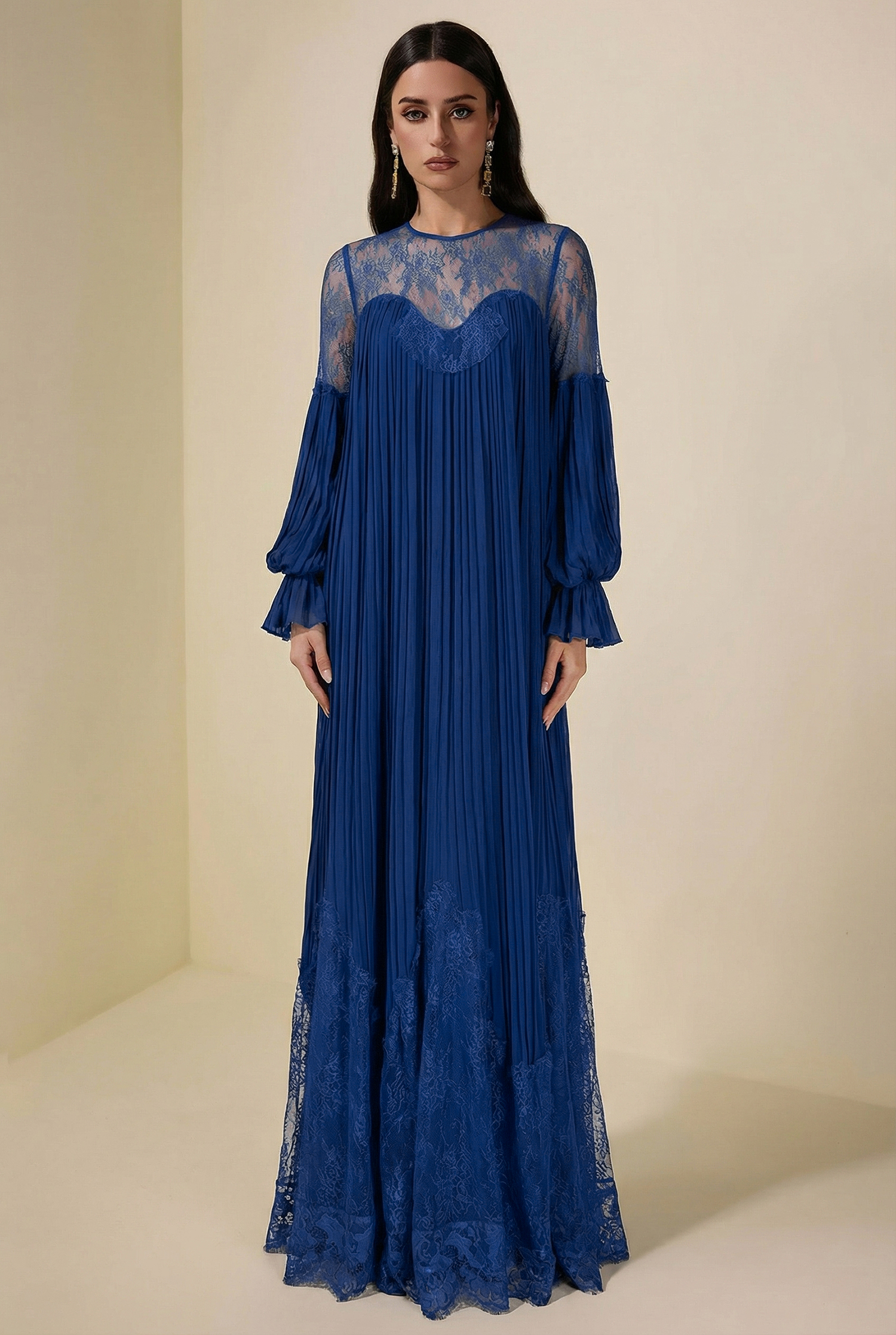 Chiffon Splicing Lace Lantern Sleeve Maxi Dress