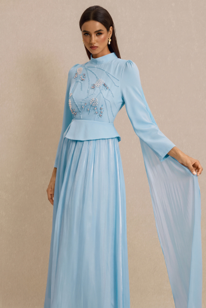 Rhinestone Rivets Pearl Stand Collar Maxi Dress