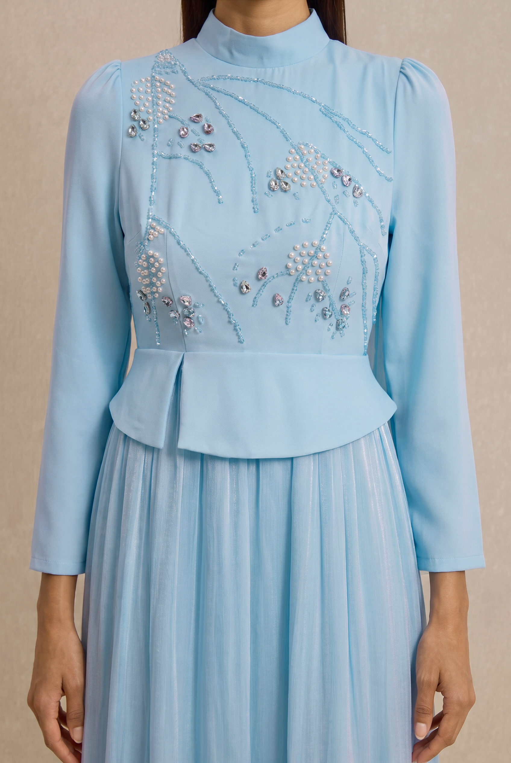 Rhinestone Rivets Pearl Stand Collar Maxi Dress